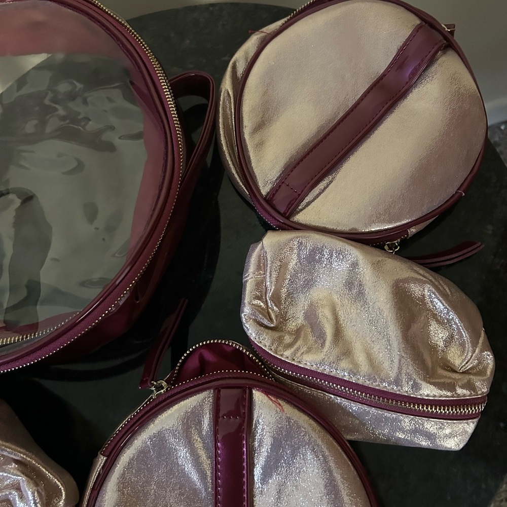 Transparent PVC Shine Pink/Burgundy  Glitter 5 Piece Toiletry Bag Pouch Set - Picture 4 of 5
